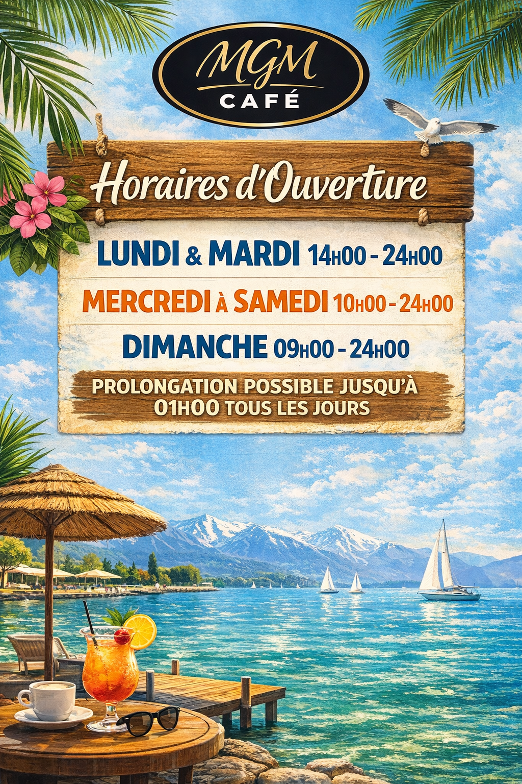 Affiche des horaires du MGM Café